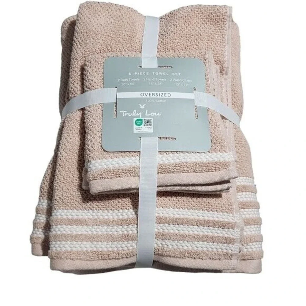 Truly Lou Oversized‎ Bath Hand and Washcloth Cotton Towel Set 6pc Desert Pink